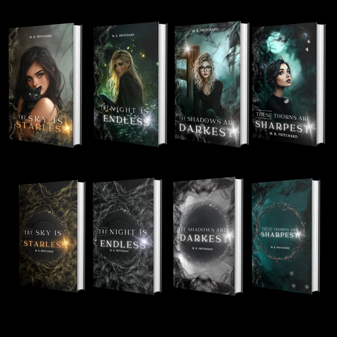 A collection of book covers from the 'Veil of Shadows' series, featuring fantasy-themed designs with mystical elements and titles like 'The Sky is Starless', 'The Night is Endless', 'The Shadows are Darkest', and 'These Thorns are Sharpest'.